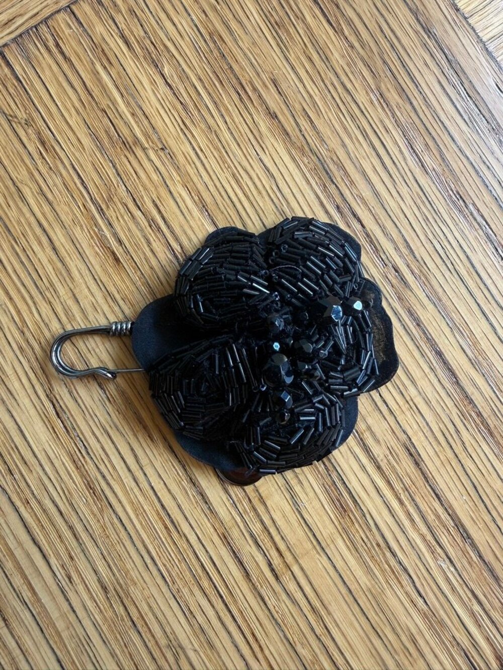 Prada Black Beaded Fabric Flower Brooch Pin, EUC